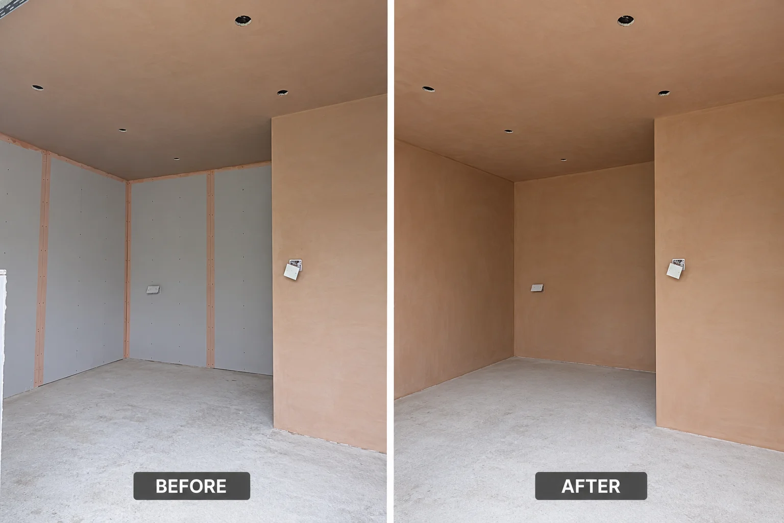 Banstead plasterboarding and skimming before and after: bare plasterboard on the left, smooth skimmed walls and ceiling on the right