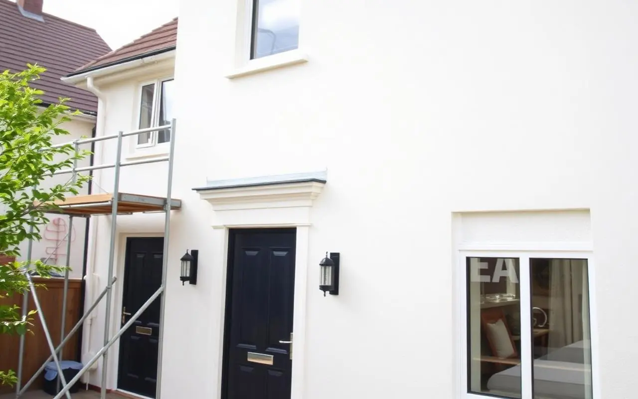 Freshly rendered exterior wall of a Sutton house in a pale through-coloured finish