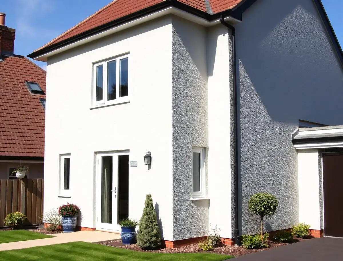 Detached house finished in light through-coloured silicone render with a scraped texture