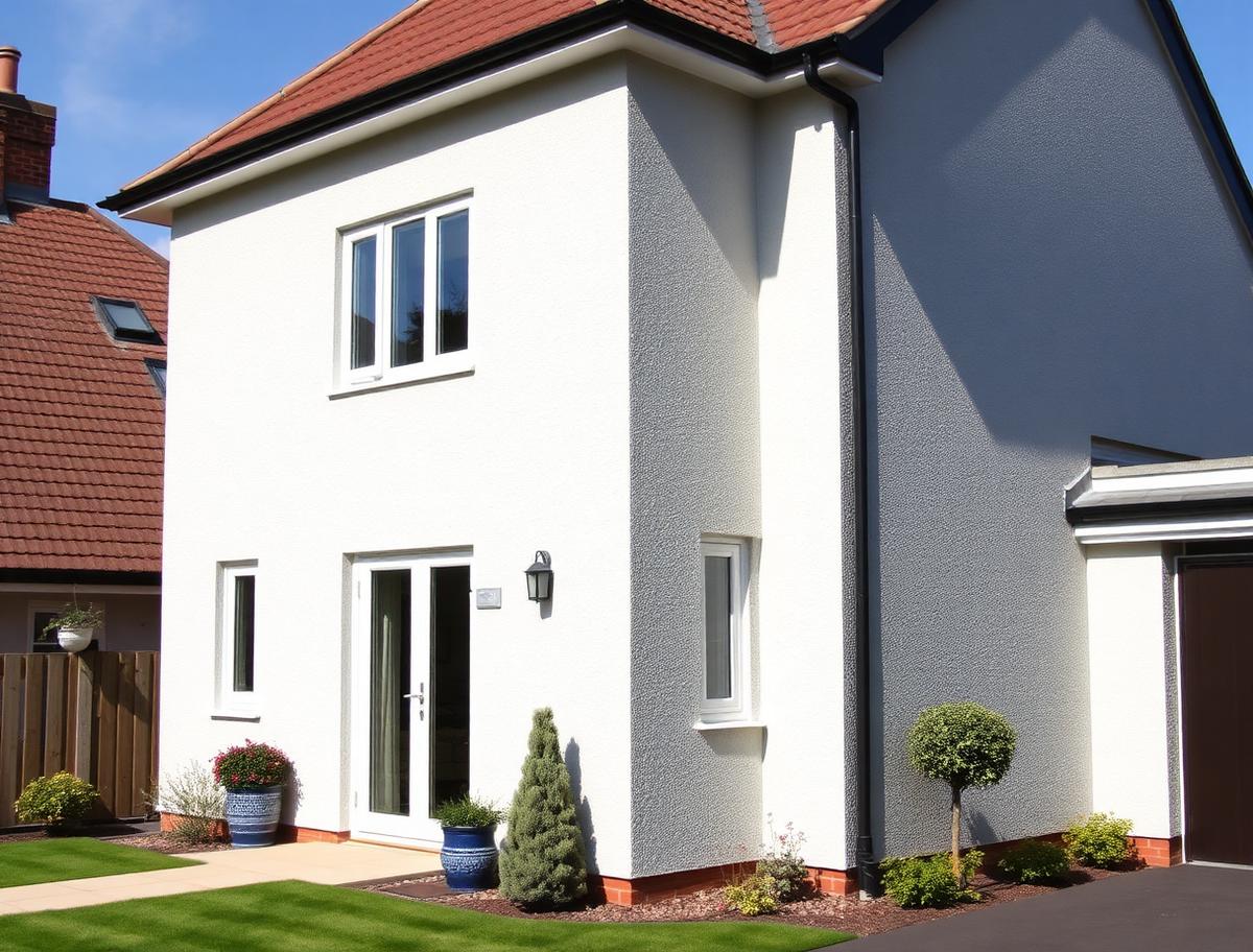 Detached house finished in light through-coloured silicone render with a scraped texture