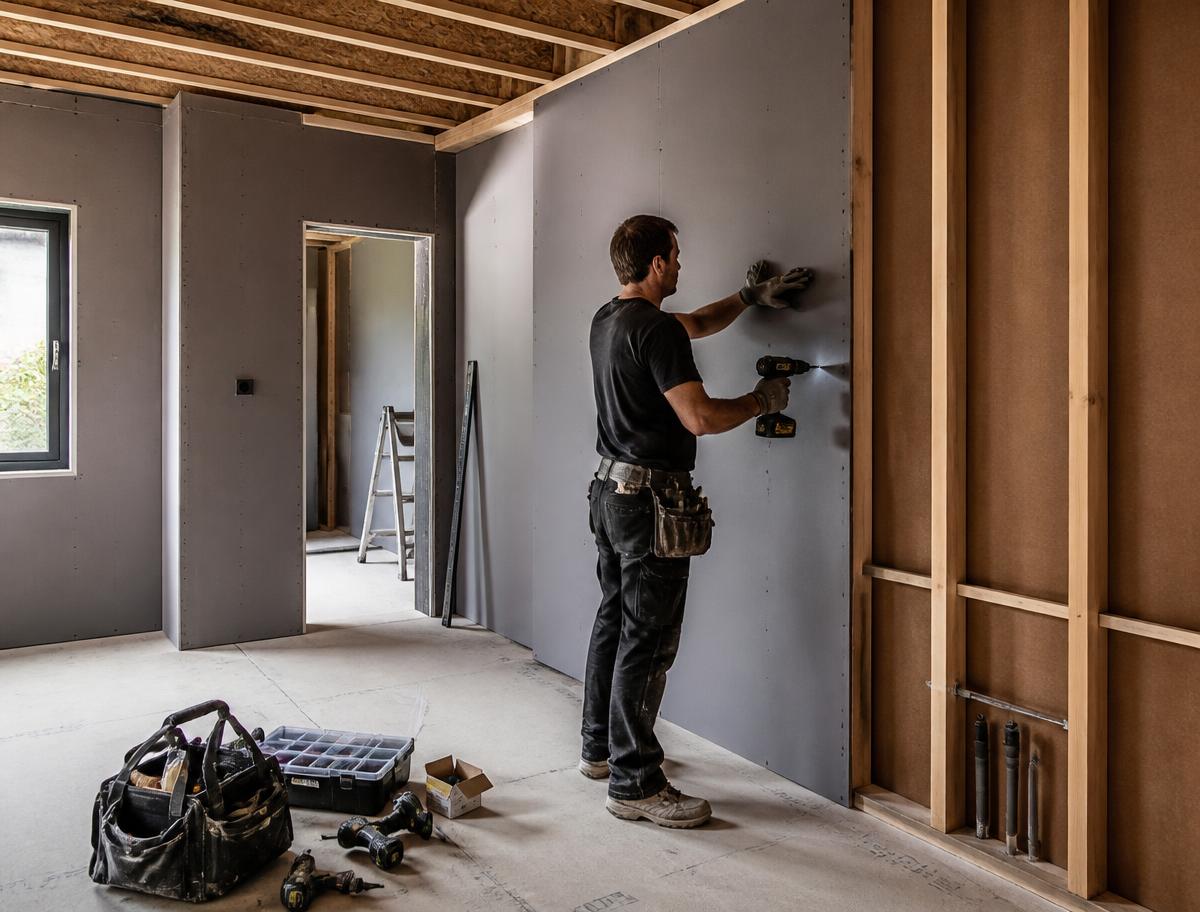Plasterboard being fixed to a timber stud wall during a home renovation