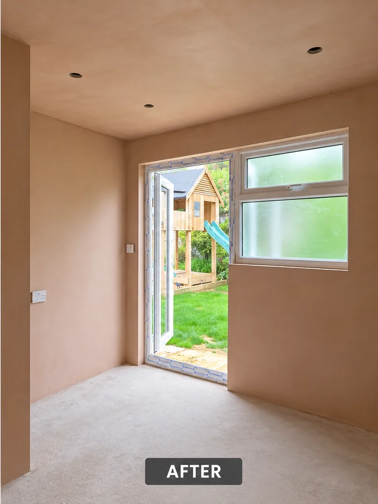 The same Sutton room after skimming, with smooth freshly plastered walls and ceiling ready for painting