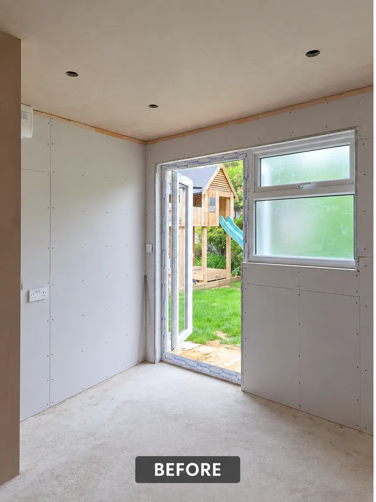 Newly plasterboarded room in Sutton before plastering, with taped joints, angle beads and an unfinished ceiling