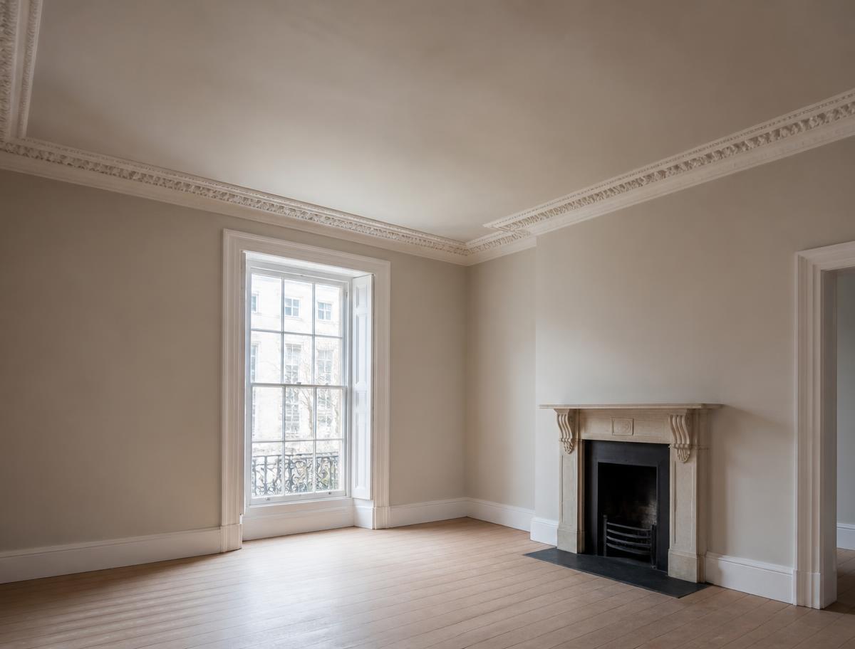 Freshly skimmed ceiling and walls in a period property ready for decorating
