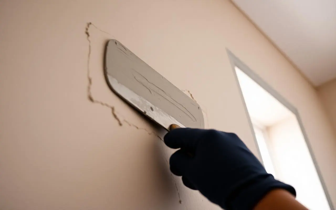 Plasterer trowelling a smooth skim coat onto an interior wall